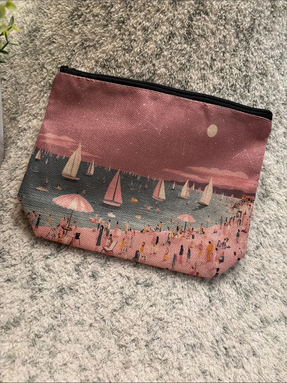 Pink Seaside Sailboat Beach  PolyCanvas Cosmetics Bag Pouch NWT 9x7”
